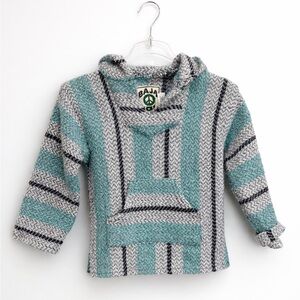 Big Kids Baja Joe striped woven hoodie in natural teal color. Size 6/7